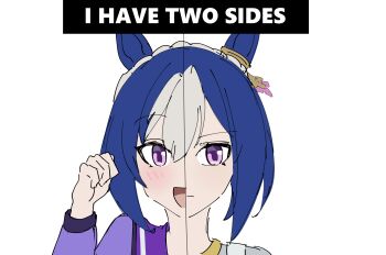 1girl absurdres animal_ears blue_hair cesario_(umamusume) commentary english_commentary highres horse_ears horse_girl i_have_two_sides_(meme) meme neeevirus purple_hair school_uniform solo split_screen tracen_school_uniform umamusume white_background white_hair