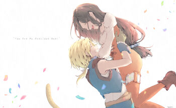 1boy 1girl black_choker blue_pants blue_vest blue_wrist_cuffs bodysuit boots breasts brown_boots brown_gloves cat_tail choker closed_eyes confetti couple cropped_vest english_text final_fantasy final_fantasy_ix garnet_til_alexandros_xvii gloves grey_gloves grin hair_ornament hairclip hetero highres juliet_sleeves koma_kusa laughing long_hair long_sleeves low-tied_long_hair low_ponytail medium_breasts open_mouth orange_bodysuit pants ponytail puffy_sleeves shirt short_hair sleeveless sleeveless_shirt smile tail teeth thigh_strap vest white_background white_shirt wrist_cuffs zidane_tribal