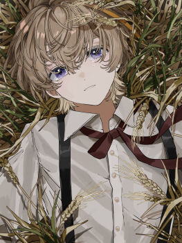 1boy absurdres bishounen black_suspenders blonde_hair brown_ribbon character_request copyright_request d: from_above grass hair_between_eyes highres looking_at_viewer lying male_focus matsuhago neck_ribbon on_back on_grass open_mouth parted_lips purple_eyes ribbon shirt short_hair sidelocks solo suspenders tearing_up teeth upper_body wheat wheat_field white_shirt wing_collar