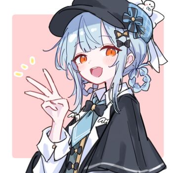 1girl :d black_bow black_capelet black_hat blue_hair blue_necktie bow braid braided_hair_rings capelet collared_shirt commentary_request detective grey_vest hair_bow hair_rings hat highres light_blush mahou_shoujo_no_majo_saiban necktie open_mouth orange_hair shirt short_hair smile solo tachibana_sherry upper_body vest w waipiiy white_shirt