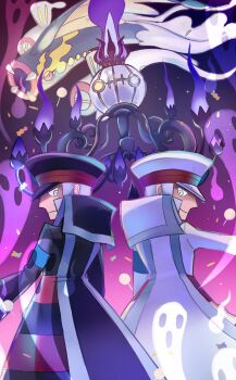 21consecutivebattles 2boys arched_crown black_coat blue_necktie blue_skin brothers chandelier chandelure coat collared_shirt colored_sclera colored_skin crown eel eelektross emmet_(pokemon) fangs fire fish gen_5_pokemon ghost gloves grey_eyes grey_hair hat high_collar highres ingo_(pokemon) lamprey mega_chandelure mega_eelektross mega_pokemon mismatched_eyes multicolored_skin multiple_boys necktie nintendo peaked_cap pokemon pokemon_(creature) pokemon_bw purple_fire red_sclera shirt short_hair siblings sidelocks striped_coat twins two-tone_skin v-shaped_eyes white_coat white_gloves white_hat white_shirt white_skin yellow_eyes yellow_trim