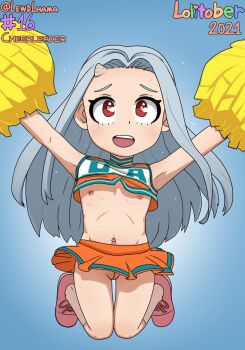 1girl 2021 arms_up blue_background boku_no_hero_academia cheering cheerleader cleft_of_venus clothes_lift eri_(boku_no_hero_academia) eyebrows female_focus flat_chest full_body gradient_background grey_hair highres holding holding_pom_poms horns jumping lewdlhama loli long_hair midair navel nipples no_panties open_mouth outstretched_arms pink_footwear pom_pom_(cheerleading) pom_poms pussy red_eyes shirt_lift simple_background single_horn skirt skirt_lift solo sweat teeth thigh_gap thighs uncensored upper_teeth_only
