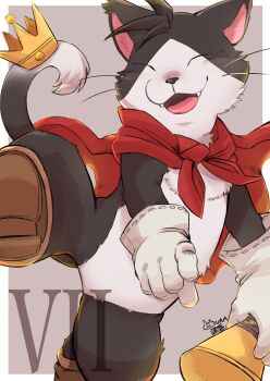 1boy animal_ears blush boots brown_boots cait_sith_(final_fantasy) cape cat_boy cat_ears cat_tail closed_eyes commentary_request crown fangs final_fantasy final_fantasy_vii furry furry_male gloves highres holding holding_megaphone male_focus megaphone open_mouth red_cape roman_numeral shirokumaou smile tail whiskers white_gloves