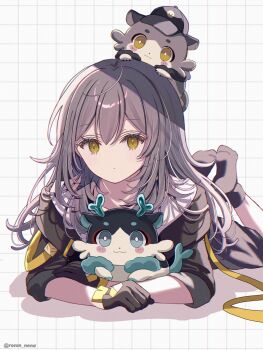 1girl animalization ankle_socks black_gloves black_jacket black_socks chimera_(honkai:_star_rail) commentary_request creature_on_head dan_heng_(honkai:_star_rail) dan_heng_(imbibitor_lunae)_(honkai:_star_rail) feet_up full_body gloves grey_hair grid_background highres honkai:_star_rail honkai_(series) jacket long_hair looking_at_viewer lying no_shoes on_stomach person_and_animalization ronm_nena shirt socks solo stelle_(honkai:_star_rail) trailblazer_(honkai:_star_rail) twitter_username white_background white_shirt yellow_eyes