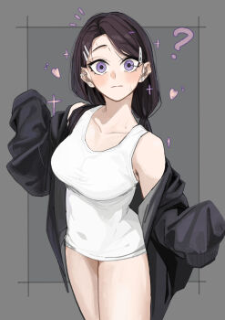 Rule 34 | 1girl, ?, bottomless, breasts, collarbone, commentary request, covered navel, ear piercing, enpa5547, eyeliner, hair ornament, heart, highres, jacket, long sleeves, looking at viewer, low twintails, makeup, off shoulder, original, oversized clothes, piercing, purple eyes, shirt, simple background, sleeves past fingers, sleeves past wrists, sparkle, staring, tank top, thighs, twintails, underwear, white tank top