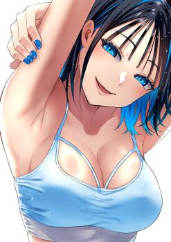1girl armpits arms_up black_hair blue_eyes blue_nails breasts breasts_day cleavage colored_inner_hair cover_image good_breasts_day hashtag-only_commentary highres kitahara_aoba large_breasts looking_at_viewer multicolored_hair official_art open_mouth sawaranaide_kotesashi-kun shinjou_takuya simple_background smile solo traditional_media white_background wispy_bangs