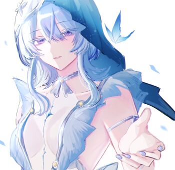 Rule 34 | 1girl, armlet, blue butterfly, blue hair, blue nails, blue veil, breasts, bug, butterfly, colored eyelashes, commentary, fingernails, hair between eyes, highres, insect, jewelry, long hair, looking at viewer, medium breasts, nail polish, parted lips, purple eyes, shorekeeper (wuthering waves), simple background, sleeveless, smile, solo, soyogi nrso, symbol-only commentary, two-tone veil, upper body, veil, white background, white veil, wuthering waves