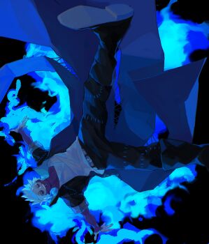 1boy absurdres azisaiharumaki56 belt black_background black_pants blue_fire boku_no_hero_academia boots commentary_request dabi_(boku_no_hero_academia) fire highres male_focus outstretched_arms pants scar scar_on_arm scar_on_face shirt short_hair solo spread_arms stitched_face stitches upside-down white_shirt