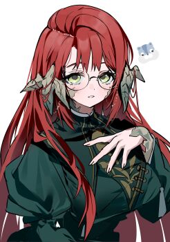 Rule 34 | 1girl, absurdres, au ra, chu yeon, dragon horns, dress, final fantasy, final fantasy xiv, glasses, green dress, green eyes, halmarut (ff14), hand on own chest, highres, horns, juliet sleeves, long hair, long sleeves, looking at viewer, puffy sleeves, red hair, round eyewear, scales, simple background, solo, upper body, white background, yellow eyes