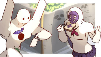 2others absurdres adam_(evangelion) around_corner bread bread_slice colored_skin extra_eyes fig_leaf food food_in_mouth girly_running highres late_for_school leaf leaf_censor lilith_(evangelion) mouth_hold multiple_others neckerchief necktie neon_genesis_evangelion parody purple_neckwear purple_skirt red_neckwear running shiburingaru skirt toast toast_in_mouth watch white_skin wristwatch