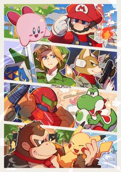 1girl 1other 5boys adjusting_clothes adjusting_headwear arm_cannon blonde_hair blue_eyes blush_stickers border brown_hair castle closed_eyes closed_mouth cloud cloudy_sky collared_shirt colored_skin commentary_request curtained_hair donkey_kong donkey_kong_(series) dot_nose egg facial_hair fireball fox_boy fox_mccloud frown furry furry_male gen_1_pokemon gloves green_eyes green_shirt gun hanaon handgun hat heart helmet highres holding holding_egg holding_gun holding_pokemon holding_shield holding_sword holding_weapon hylian_shield inverted_triangle_mouth kirby kirby_(series) layered_clothes link long_pointy_ears long_sleeves looking_at_another looking_to_the_side mario mario_(series) master_sword metroid multiple_boys mustache necktie nintendo open_mouth overalls palm_tree pikachu pink_skin pointy_ears pokemon pokemon_(creature) red_hat red_necktie red_shirt samus_aran shield shirt short_hair sideways_glance sky spacecraft spacesuit spines star_fox super_smash_bros. sword the_legend_of_zelda the_legend_of_zelda:_ocarina_of_time tree twitter_username weapon white_border white_gloves white_shirt yoshi