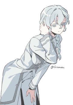 1girl arm_up artist_name braid breasts closed_mouth commentary cowboy_shot fate/grand_order fate_(series) genderswap genderswap_(mtf) hair_between_eyes hand_on_own_thigh highres leaning_forward long_sleeves marisbury_animusphere medium_breasts pants robe shiramaroa side_braid simple_background solo thick_eyelashes twitter_username white_background white_eyes white_hair white_pants white_robe