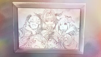 Rule 34 | 5girls, amane kanata, amane kanata (1st costume), arched crown, arm around shoulder, black horns, crown, curled horns, demon girl, dragon girl, dragon horns, fake horns, halo, highres, himemori luna, himemori luna (1st costume), hololive, horned headwear, horns, hyde (tabakko), kiryu coco, kiryu coco (1st costume), looking at viewer, mini crown, monochrome, multiple girls, open mouth, photo (object), picture frame, sheep girl, sheep horns, smile, star halo, tokoyami towa, tokoyami towa (1st costume), tsunomaki watame, tsunomaki watame (1st costume), v, virtual youtuber