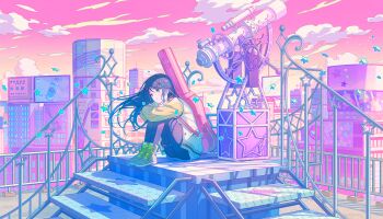 1girl acoustic_guitar bass_guitar black_hair black_pantyhose black_shorts bottle building cloud colorful_palette drum full_body game_cg green_jacket grey_eyes grey_shoes guitar guitar_case hair_ornament hairclip highres hoshino_ichika_(project_sekai) instrument instrument_case jacket keyboard_(instrument) official_art pantyhose pink_sky pink_theme project_sekai shoes shorts sitting sky solo star_(symbol) star_in_eye symbol_in_eye telescope third-party_source unsteady_still_steady_step_(project_sekai) water_bottle wind