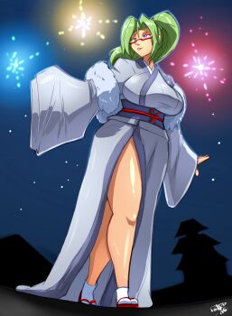 1girl blue_kimono breasts fireworks full_body fur_trim glasses green_hair hanyuu_mizuki japanese_clothes kimono large_breasts long_hair long_sleeves night outdoors ponytail purple_eyes red-framed_eyewear shonuff44 side_slit socks solo star_(sky) thighs vampire_(ova) walking wide_hips