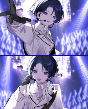 1boy aiguillette alternate_costume arm_at_side bishounen black_gloves blunt_ends bow bowtie chain chain_necklace collared_shirt contemporary curtained_hair diffraction_spikes eyeliner eyeshadow formal_clothes genshin_impact gloves glowstick grey_pupils hair_intakes half_gloves hand_up headset idol jewelry lapels large_bow long_sleeves looking_at_viewer makeup male_focus multiple_views necklace open_hand open_mouth parted_bangs purple_eyes reaching reaching_towards_viewer red_eyeliner red_eyeshadow rtms scaramouche_(genshin_impact) sequential shirt solo sparkle split_screen spotlight suit teeth tsurime undershirt upper_body upper_teeth_only white_bow white_shirt white_sleeves white_suit