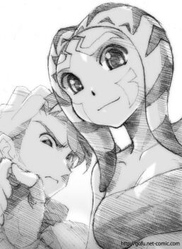 1boy 1girl age_difference ahsoka_tano alien anakin_skywalker angry bandeau bare_shoulders breasts cleavage clone_wars facial_mark fingerless_gloves forehead_mark frown gloves gofu greyscale jedi light_smile looking_at_viewer midriff monochrome short_hair simple_background sketch small_breasts smile star_wars star_wars:_the_clone_wars_(2008_tv_series) striped tentacle_hair togruta traditional_media upper_body watermark web_address