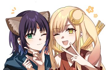 2girls ;) ;d animal_ears artist_name black_choker blonde_hair blush chinese_commentary cho_kaguya-hime! choker closed_mouth colored_inner_hair commentary_request crescent crescent_hair_ornament eyeshadow forehead_jewel fox_ears fox_girl green_eyes hair_ornament hand_on_another's_chin highres kaguya_(cho_kaguya-hime!) kutonane long_hair looking_at_viewer lop_rabbit_ears makeup multicolored_hair multiple_girls notice_lines one_eye_closed open_mouth orange_eyes purple_hair rabbit_ears rabbit_girl red_eyeshadow sakayori_iroha short_hair simple_background smile teeth upper_body upper_teeth_only v white_background