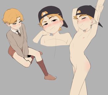 1boy armpits backwards_hat baseball_cap black_eyes black_hat blonde_hair blush brown_shorts brown_socks earrings flat_color grey_background grey_sweater hat highres jewelry male_focus mole mole_under_mouth necktie nipples nude okymir original parted_bangs pectorals penis penis_peek shoes short_hair short_shorts shorts shota simple_background single_earring sitting sketch smile socks solo stretching striped_necktie sweater