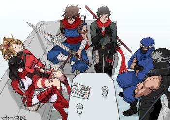 2girls 3boys armor artist_name bandaged_arm bandaged_leg bandages belt black_gloves black_hair bodysuit boots breast_rest breasts brown_hair capcom cleaning cleaning_weapon closed_eyes couch crossed_arms crossed_legs crossover cup drinking_glass fingerless_gloves fishnets gauntlets gloves hair_ornament hair_up hairpin hand_on_leg hibana holding holding_cup hotsuma indesign invisible_chair kage-maru kunoichi_(game) large_breasts leaning_back light_brown_hair long_hair long_sleeves magazine_(object) mask multiple_boys multiple_crossover multiple_girls namco natsu_(soulcalibur) ninja ninja_gaiden open_mouth pauldrons plasma_sword project_x_zone_2 red_gloves red_scarf ryu_hayabusa scarf sega shinobi_(game) shinobi_(ps2) short_hair shoulder_armor sitting skin_tight sleeveless soul_calibur soulcalibur soulcalibur_v spikes strider_(video_game) strider_hiryuu sword tabi tecmo tonfa trait_connection vambraces virtua_fighter weapon weapon_on_back white_background white_bodysuit