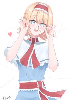 1girl absurdres adjusting_eyewear alice_margatroid blonde_hair blue_dress blue_eyes capelet commentary dress frilled_hairband frills glasses hairband heart highres looking_at_viewer medium_hair noctal_mxix open_mouth red_hairband round_eyewear signature simple_background solo touhou white_background white_capelet