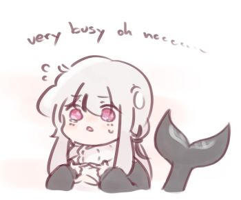 1girl artist_self-insert blush cetacean_tail chibi chonkyorca cleavage_cutout clothing_cutout commentary cropped_torso english_commentary english_text fins fish_tail grey_hair heart_cutout long_hair long_sleeves orca_(chonkyorca) original parted_lips puffy_long_sleeves puffy_sleeves purple_eyes sleeves_past_wrists solo sweater tail tears turtleneck turtleneck_sweater upper_body white_background white_sweater