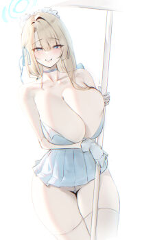 1girl alternate_costume arm_under_breasts asuna_(blue_archive) bare_shoulders blonde_hair blue_archive blue_choker blue_dress blue_eyes blue_halo blue_ribbon blush breast_press breasts choker cleavage collarbone commentary cowboy_shot dated_commentary dress english_commentary geonjeonji gloves hair_between_eyes hair_ribbon half-closed_eyes halo hands_up highres huge_breasts long_hair looking_at_viewer maid_headdress microdress parted_lips pearl_thong pleated_dress pole raised_eyebrows ribbon simple_background solo standing strapless strapless_dress thighhighs white_background white_gloves white_thighhighs