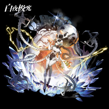 1girl absurdres alchemy_stars black_background bodysuit bouquet copyright_name covered_eyes flower full_body hand_up helmet highres lingxia mechanical_tentacles no._33_(alchemy_stars) official_art solo watermark weibo_username weibo_watermark white_hair yuzuo_de_yi_tiao_bianr
