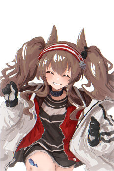 1girl angelina_(arknights) animal_ears arknights black_collar black_gloves black_shirt black_shorts blush brown_hair closed_eyes coat collar commentary_request dot_nose earpiece facing_viewer fox_ears fox_girl gloves grin hairband hands_up highres infection_monitor_(arknights) jacket kanuluillust long_hair long_sleeves material_growth multicolored_hairband open_clothes open_coat open_jacket oripathy_lesion_(arknights) raised_inner_eyebrows red_hairband red_jacket revision shirt short_shorts shorts simple_background smile solo striped_clothes striped_hairband twintails two-tone_hairband white_background white_coat