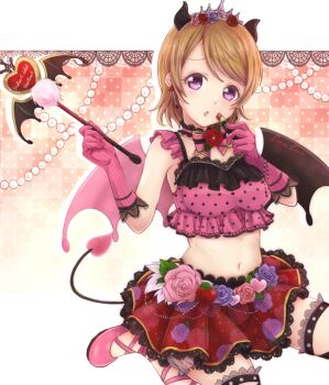 blush brown_hair devil dress gloves horns koizumi_hanayo love_live! love_live!_school_idol_festival love_live!_school_idol_project polearm purple_eyes short_hair skirt tail trident weapon
