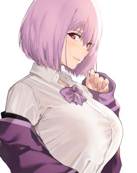 1girl blush bow breasts collared_shirt gridman_universe highres j@ck jacket large_breasts light_purple_hair long_sleeves looking_at_viewer off-shoulder_shirt off_shoulder purple_bow purple_jacket purple_neckwear shinjou_akane shirt short_hair simple_background smile solo ssss.gridman white_background white_shirt