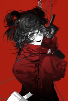 1girl :d bag baicumikuo black_eyes black_hair camera camera_around_neck chain chinese_commentary hair_between_eyes hair_bun hair_ribbon hair_rings highres holding holding_walkie-talkie jacket li_yuting_(female) light_blush long_sleeves looking_at_viewer mole mole_under_each_eye mole_under_eye multiple_moles open_mouth red_background red_jacket red_pupils red_ribbon ribbon short_hair shoulder_bag single_hair_bun single_hair_ring sleeves_past_fingers sleeves_past_wrists smile smirk solo touqi_guaitan upper_body walkie-talkie white_bag