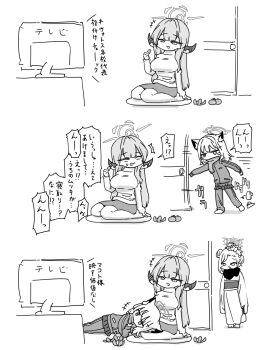 Rule 34 | ^^^, animal ear fluff, animal ears, aru (blue archive), blank eyes, blue archive, breasts, commentary request, cross hair ornament, demon horns, eating, food, fruit, furisode, greyscale, hair ornament, halo, highres, horns, jacket, japanese clothes, jitome, kimono, kneeling, lap pillow, large breasts, lying, mandarin orange, monochrome, mutsuki (blue archive), mutsuki (new year) (blue archive), nishino hikoji, official alternate costume, on side, open door, pants, pants under skirt, pleated skirt, scarf, shiroko (blue archive), skirt, sliding doors, speech bubble, sweater, television, track jacket, track pants, translation request, watching television, wolf ears