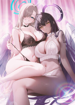 2girls alternate_costume asuna_(blue_archive) bare_shoulders black_bra black_hair black_panties blue_archive blue_eyes blue_halo bra breasts brown_hair cleavage closed_mouth comiket_107 commentary_request dark-skinned_female dark_skin fingernails grin hair_between_eyes hair_over_one_eye halo highres karin_(blue_archive) lace lace-trimmed_bra lace_trim large_breasts long_hair looking_at_viewer multiple_girls navel panties purple_halo sitting smile solar_(happymonk) stomach translation_request underwear very_long_hair white_bra white_panties yellow_eyes