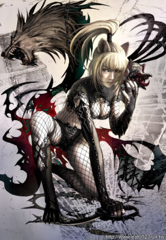 1girl animal_ears black_nails blade blonde_hair bodystocking claws eat eat0123 female_focus fishnet_bodystocking fishnets lips mask nail_polish ninja ponytail realistic shadow solo weapon wolf