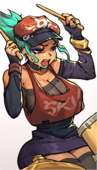 1girl alternate_costume black_nails bracelet breasts bubene cerebella_(skullgirls) choker contemporary crop_top dark-skinned_male dark_skin detached_sleeves drum drum_set drumsticks dutch_angle eyeshadow fishnet_top fishnets green_hair green_lips grey_background hat hat_pin highres huge_breasts instrument jewelry large_breasts lipstick makeup mascara nail_polish open_mouth ponytail ring runny_makeup sitting skirt skullgirls solo tank_top thick_thighs thighhighs thighs wide_hips