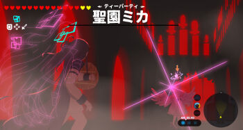 2girls angel_wings aris_(blue_archive) black_hair black_skirt blue_archive blue_halo commentary dress feathered_wings fighting fighting_stance full_body gun halo heart highres holding holding_gun holding_shield holding_weapon jacket lanchester_smg long_hair low_wings miaki_(mi_autumn39) mika_(blue_archive) multiple_girls nintendo parody pink_halo shield shoes skirt socks standing submachine_gun sword the_legend_of_zelda the_legend_of_zelda:_breath_of_the_wild translation_request user_interface weapon white_dress white_jacket white_shoes wings