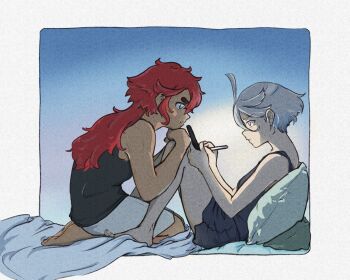 2girls ahoge annoyed bed_sheet black_nightgown black_shirt blue_eyes dark-skinned_female dark_skin grey_eyes grey_shorts gundam gundam_suisei_no_majo hand_on_another's_knee head_rest long_hair miorine_rembran multiple_girls muscular muscular_arms muscular_female nightgown on_bed pillow pout reclining red_hair seiza shirt short_hair shorts sitting stylus suletta_mercury tablet_pc thick_eyebrows white_hair yamashimizusui