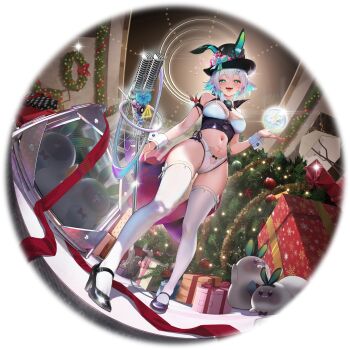 1girl animal_ears artist_request black_hat black_shoes blue_bow blue_eyes blue_hair bow box breasts character_request christmas_ornaments christmas_tree christmas_wreath colored_inner_hair daiblos_core gift gift_box hair_ornament hat hat_bow highres microphone_stand multicolored_hair navel open_mouth rabbit_ears shoes short_hair sign stomach thighhighs tinsel top_hat warning_sign white_hair white_thighhighs white_wrist_cuffs wreath wrist_cuffs