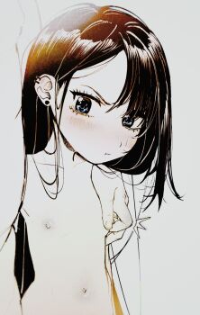 1boy 1girl artist_request blush breasts ear_piercing earrings jewelry loli navel nude piercing pinching_nipple pout size_difference small_breasts tagme topless_female