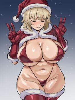 absurdres bikini blonde_hair blush breasts capelet closed_eyes curvy double_v dungeon_meshi falin_touden gloves gradient_background hat highres huge_breasts navel pokpa red_bikini red_capelet red_gloves red_hat red_thighhighs santa_hat shiny_skin short_hair smile snowing standing swimsuit thighhighs v