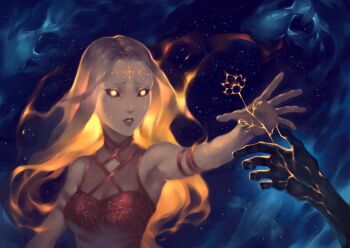 1girl black_sclera blonde_hair blue_background breasts cleavage colored_sclera crying crying_with_eyes_open dress flower hand_up holding holding_flower lips long_hair looking_at_flowers lydialing_draws medium_breasts nose original parted_hair parted_lips reaching reaching_towards_another red_dress see-through_cleavage see-through_clothes solo_focus tears upper_body yellow_eyes