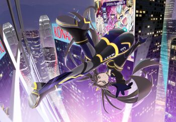 1girl black_bodysuit blush bodysuit breasts brown_eyes brown_hair building duel_monster evil_twin&#039;s_trouble_sunny evil_twin_ki-sikil evil_twin_lil-la highres i:p_masquerena ki-sikil_(yu-gi-oh!) kurosaki_kazusa lil-la_(yu-gi-oh!) long_hair looking_at_viewer medium_breasts neon_lights night night_sky official_alternate_costume official_alternate_hairstyle outdoors parted_lips sky smile structure twintails yu-gi-oh!