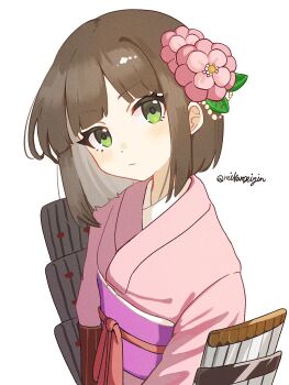 1girl armor blush brown_hair bushidou_(sekaiju) bushidou_4_(sekaiju) etrian_odyssey flower green_eyes hair_flower hair_ornament highres japanese_armor japanese_clothes kimono looking_at_viewer mikamseizin obi pink_kimono sash sekaiju_no_meikyuu sekaiju_no_meikyuu_1 short_hair shoulder_armor sode solo twitter_username upper_body