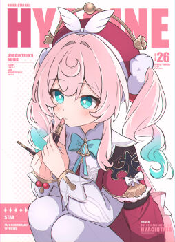 1girl applying_makeup applying_own_makeup blush bright_pupils character_name closed_mouth commentary cosmetics dress green_eyes green_hair hat highres holding holding_lipstick_tube honkai:_star_rail honkai_(series) hyacine_(honkai:_star_rail) layered_dress lipstick_tube long_hair long_sleeves multicolored_hair pantyhose pink_hair red_dress red_hat sasanekomaru solo twintails two-tone_hair white_background white_dress white_pantyhose white_pupils