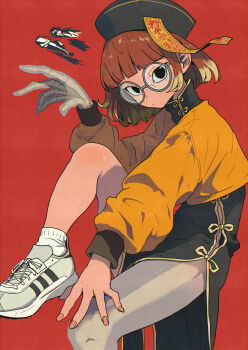 1girl absurdres black_dress black_eyes black_hat blonde_hair bone brown_hair china_dress chinese_clothes colored_tips commentary cropped_jacket dress glasses hat highres jacket leg_up long_sleeves looking_at_viewer multicolored_hair ofuda original qingdai_guanmao red_background round_eyewear see-through_body shoes simple_background sitting sneakers socks solo symbol-only_commentary tomochiso white_shoes white_socks yellow_jacket