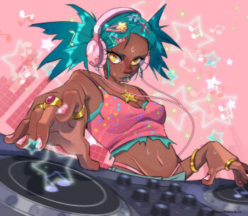 1girl aqua_hair aqua_shirt beebeedibapbeediboop bikini bikini_over_clothes blue_lips bracelet breasts cleavage clip_studio_paint_(medium) commentary dark-skinned_female dark_skin dj english_commentary face_piercing foreshortening fortissimo gold_bracelet gold_ring hair_ornament hairclip headphones highres jewelry lip_piercing lip_ring looking_at_viewer mixing_console multiple_rings music musical_note musical_note_hair_ornament navel necklace original ornate_ring panty_straps phonograph piercing pink_background pink_bikini pink_nails ring shirt short_twintails small_breasts solo star_(symbol) star_necklace sweat swimsuit torn_clothes torn_shirt turntable twintails upper_body yellow_eyes