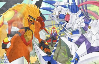 Rule 34 | alternate height, apollomon, dianamon, digimon, digimon (creature), gracenovamon, hair between eyes, lion boy, looking at viewer, mecha, robot, scar, scar on face, thick thighs, thighs