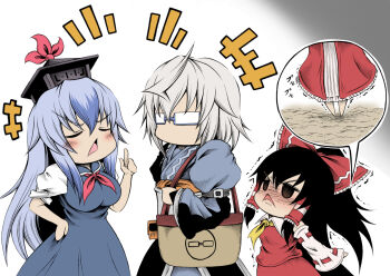 1boy 2girls :< ahoge bag black_hair blue_hair breasts commentary_request duplicate glasses hakurei_reimu hand_up hat height_conscious height_difference height_envy hidefu_kitayan japanese_clothes kamishirasawa_keine large_breasts long_hair morichika_rinnosuke multiple_girls open_mouth pixel-perfect_duplicate reaching ribbon short_hair stretching touhou triangle_mouth unhappy very_long_hair white_hair