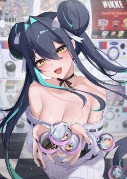 1girl :d absurdres aqua_hair bare_shoulders black_hair black_nails blush breasts cinderella_(nikke) cleavage collarbone double_bun gani1127 goddess_of_victory:_nikke grave_(nikke) gretel_(nikke) hair_between_eyes hair_bun hair_ribbon hansel_(nikke) hashtag-only_commentary highres large_breasts little_mermaid_(beautiful_bubble)_(nikke) little_mermaid_(nikke) long_hair long_sleeves looking_at_viewer mori_(nikke) multicolored_hair off-shoulder_sweater off_shoulder official_alternate_costume open_mouth ribbon smile solo standing sweater two-tone_hair upper_body white_ribbon yellow_eyes